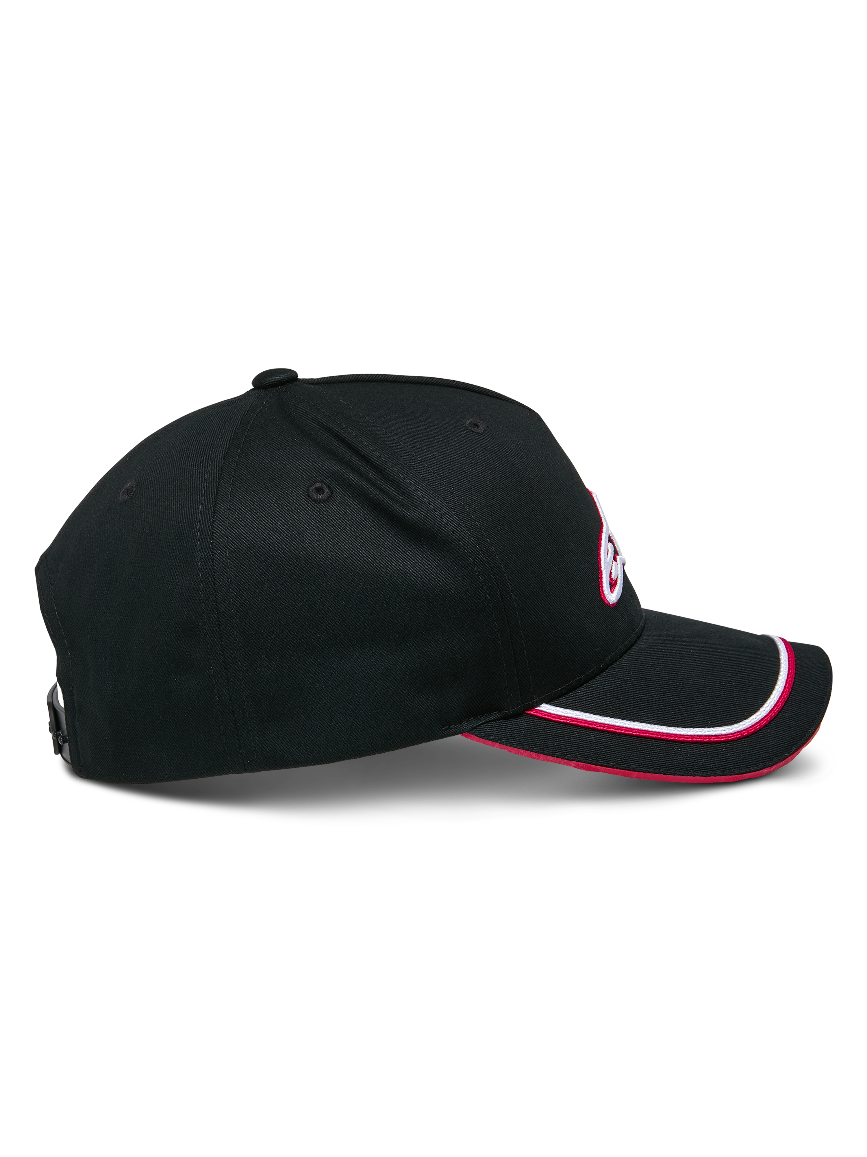 Alpinestars Ascension Snapback Hat, Black and Red, profile view featuring a structured crown and curved bill with double sutache trim, 3D embroidered logo detail, casual motorsport-inspired headwear