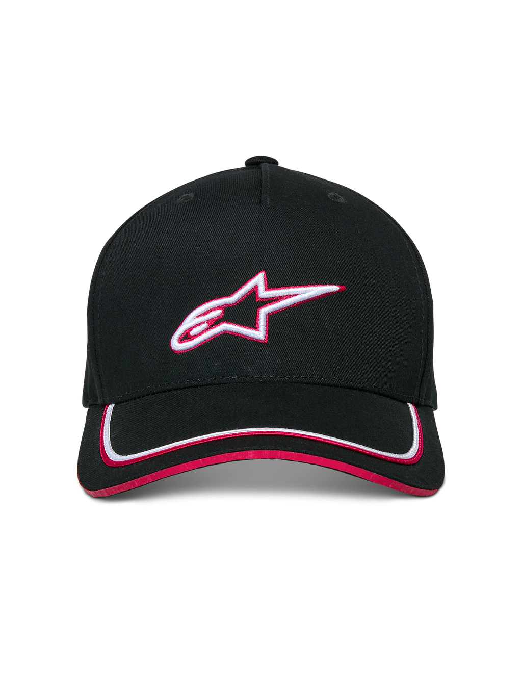 Alpinestars Ascension Snapback Hat, Black and Red, featuring a structured crown with a 3D embroidered Astars logo, curved bill with white and red double sutache trim, casual motorsport streetwear
