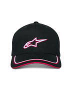 Alpinestars Ascension Snapback Hat, Black and Red, featuring a structured crown with a 3D embroidered Astars logo, curved bill with white and red double sutache trim, casual motorsport streetwear