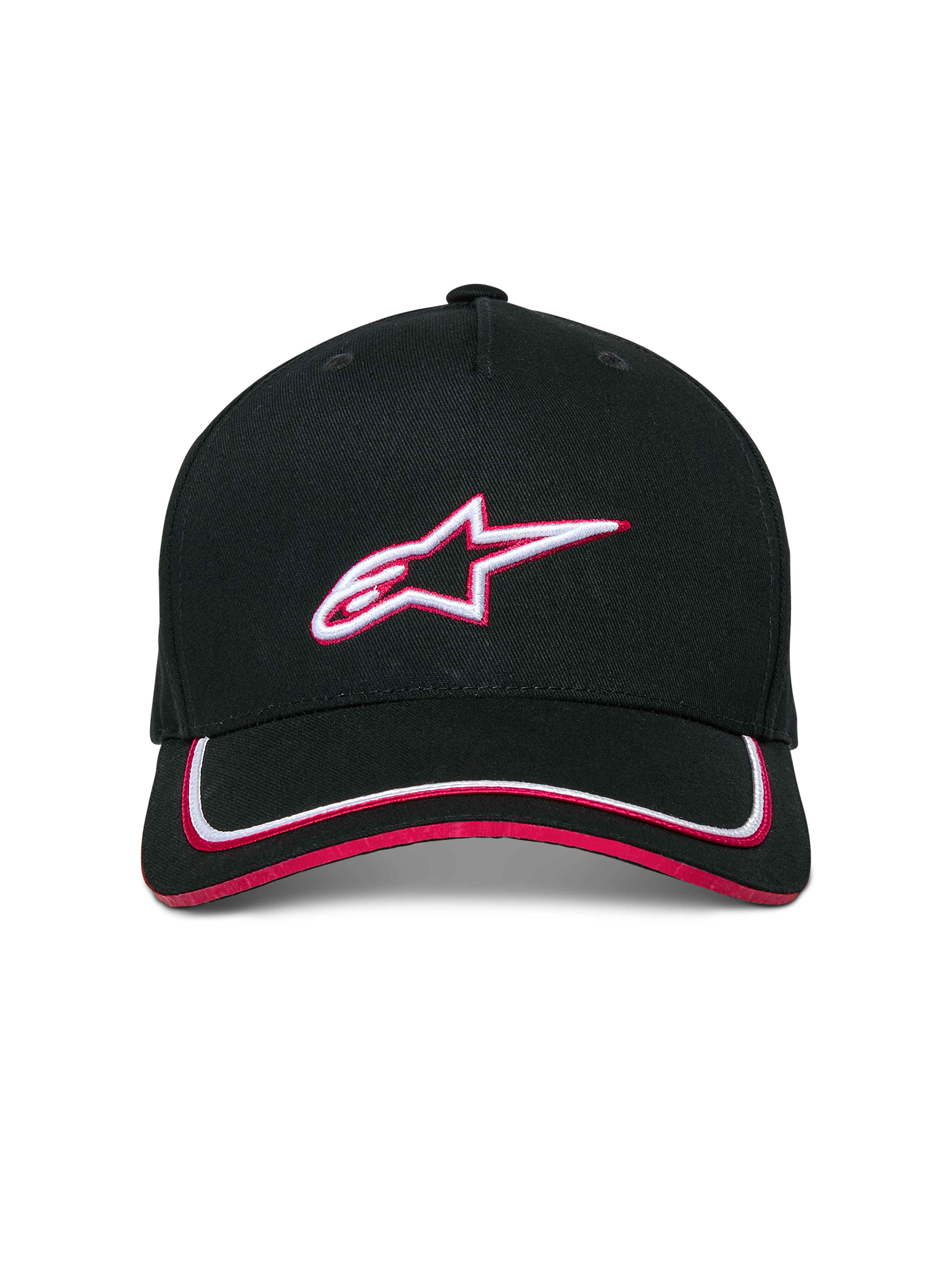 Alpinestars Ascension Snapback Hat, Black and Red, featuring a structured crown with a 3D embroidered Astars logo, curved bill with white and red double sutache trim, casual motorsport streetwear