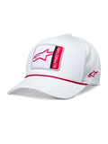 Alpinestars Specific Snapback Hat, White, curved bill with multicolor Astars logo patch, red braided rope trim, red side logo embroidery, casual sportswear