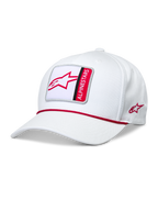 Alpinestars Specific Snapback Hat, White, curved bill with multicolor Astars logo patch, red braided rope trim, red side logo embroidery, casual sportswear