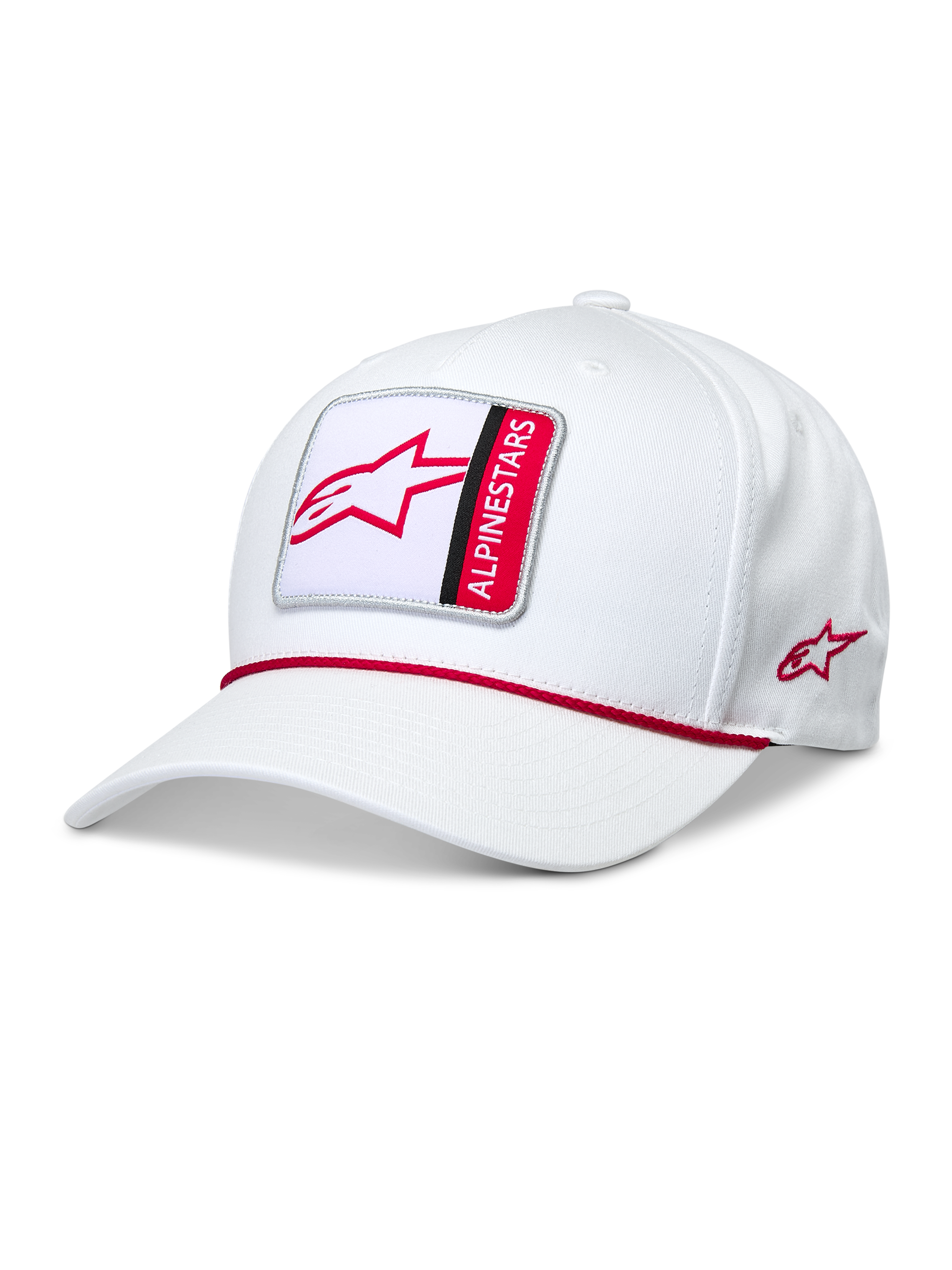 Alpinestars Specific Snapback Hat, White, curved bill with multicolor Astars logo patch, red braided rope trim, red side logo embroidery, casual sportswear