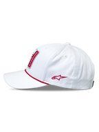 Alpinestars Specific Snapback Hat, White, side profile view featuring red braided rope trim, red embroidered star logo, and curved bill, structured cotton twill headwear.