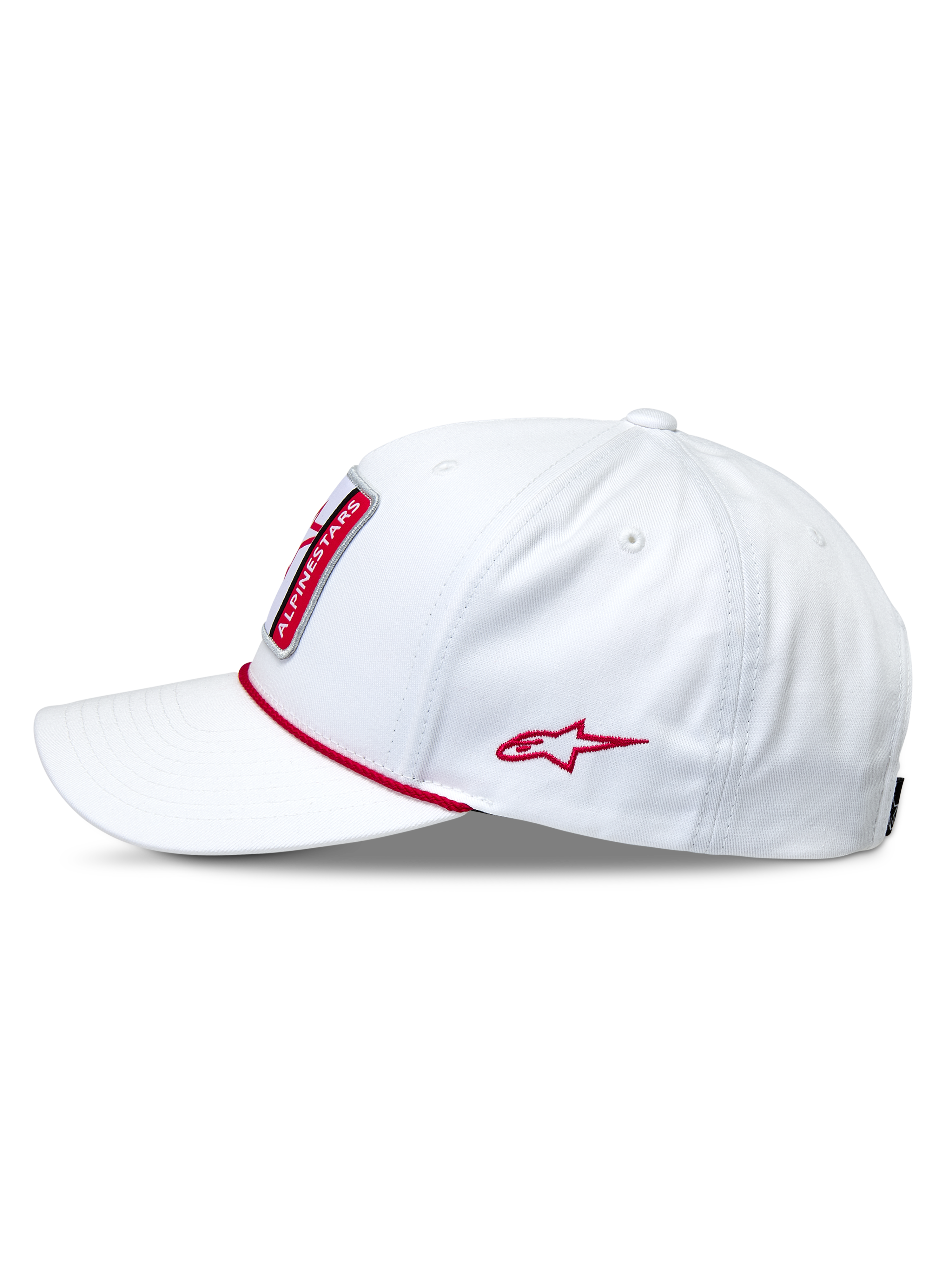 Alpinestars Specific Snapback Hat, White, side profile view featuring red braided rope trim, red embroidered star logo, and curved bill, structured cotton twill headwear.