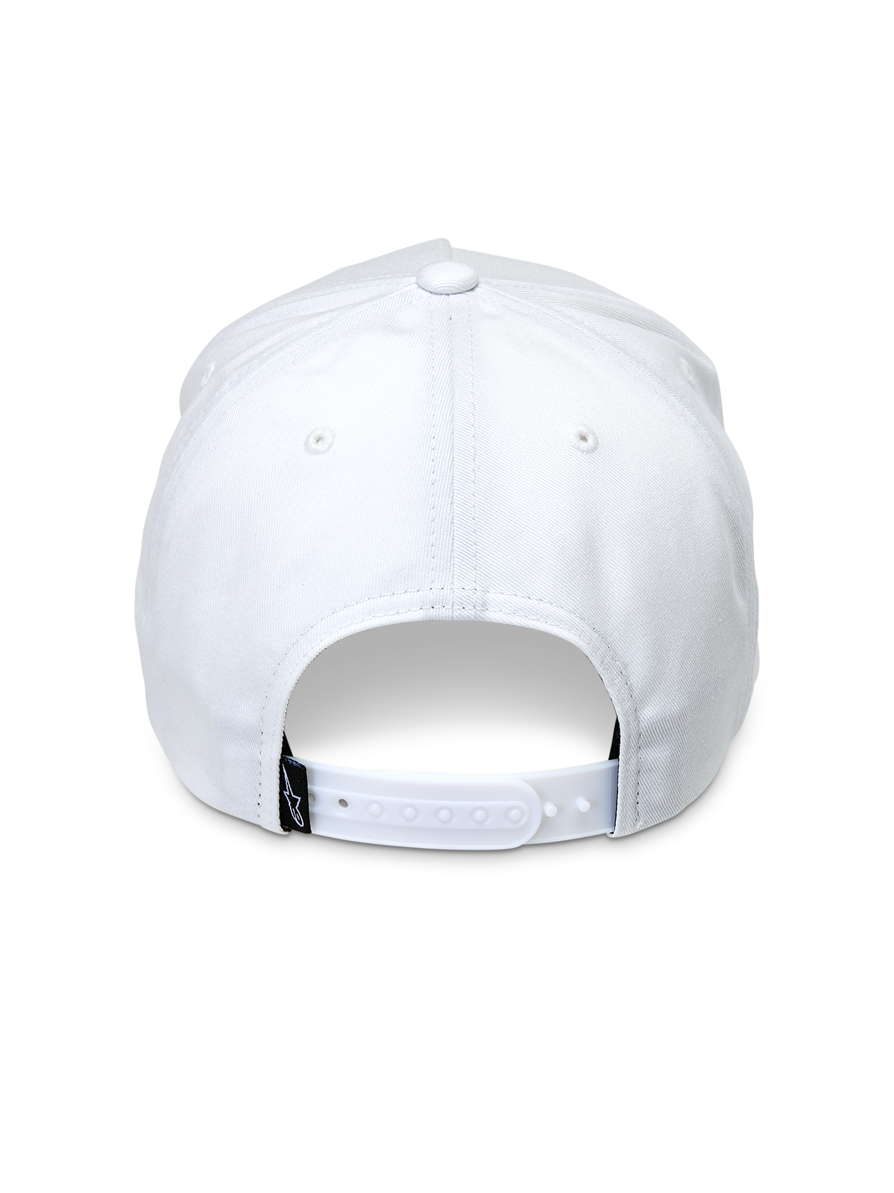 Alpinestars Specific Snapback Hat, White, back view showing adjustable snapback closure, white cotton twill fabric, small black brand tag on the back, casual headwear
