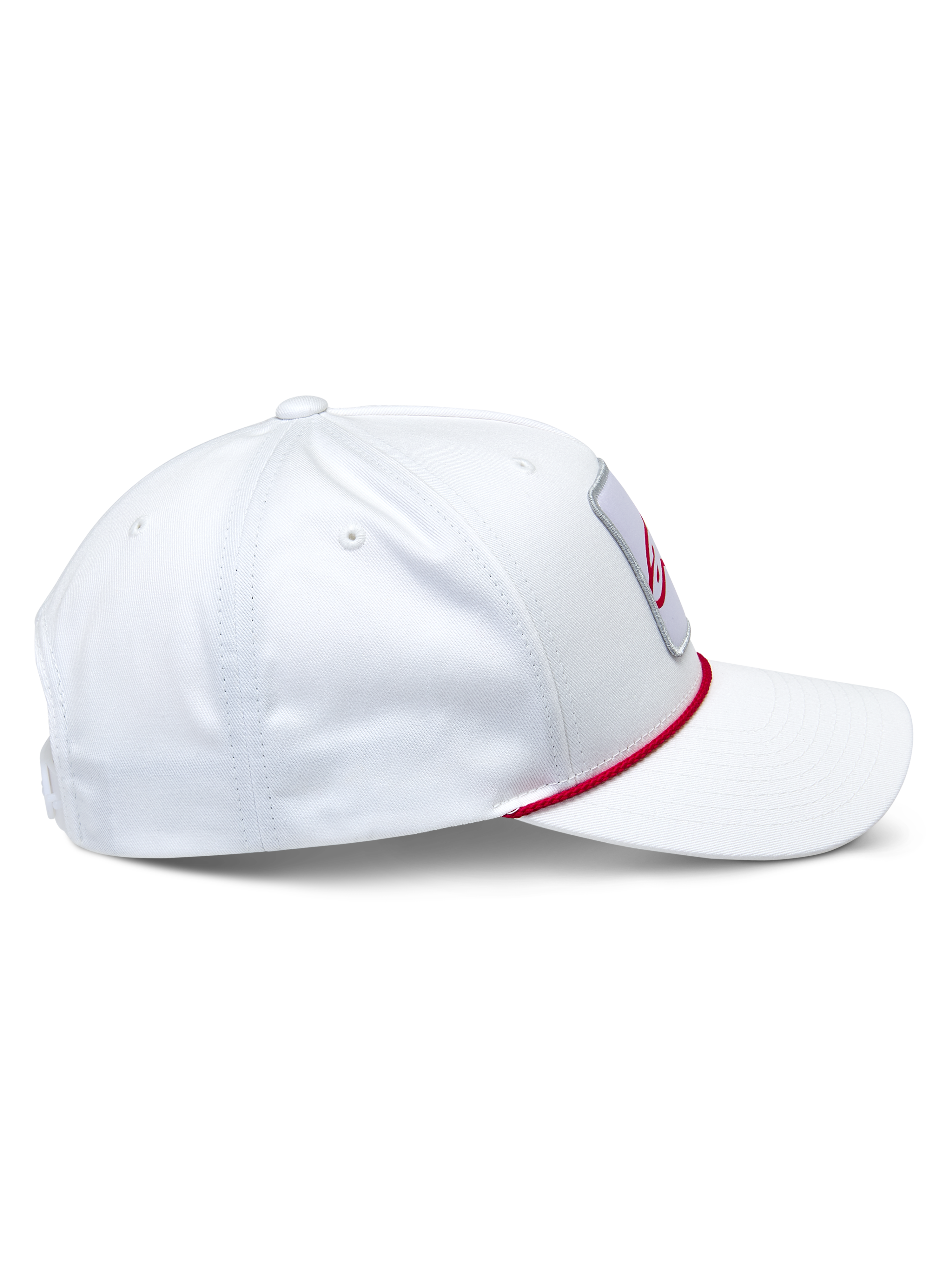 Alpinestars Specific Snapback Hat, White, side profile showing structured crown and curved bill, features red braided rope trim at the visor base, casual sportswear headwear