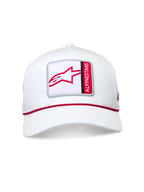 Alpinestars Specific Snapback Hat, White, front view featuring a square logo patch with a red Astars symbol and vertical text, red braided rope trim at the crown base, structured cotton twill design with a curved bill, casual motorsport-inspired headwear.
