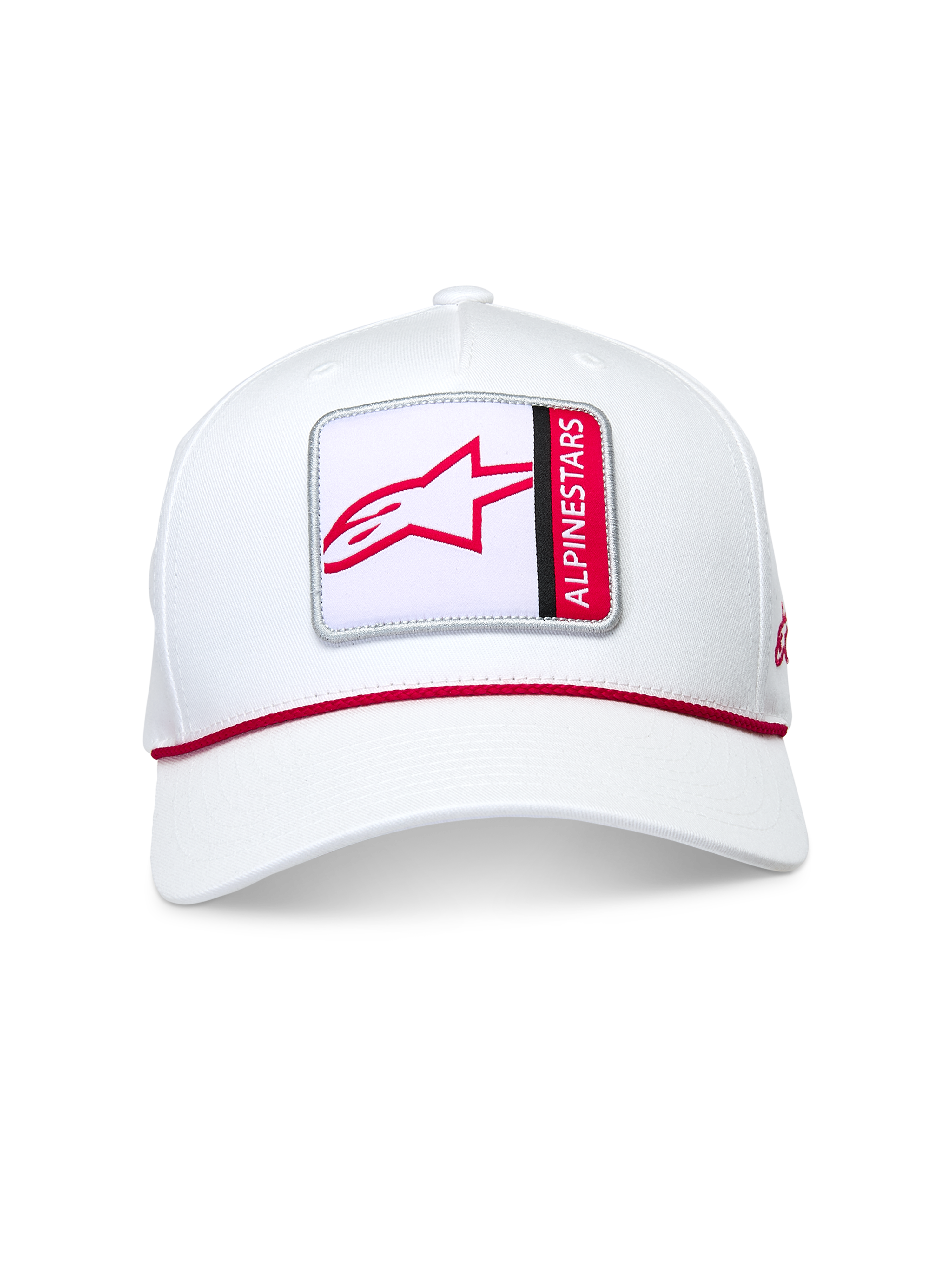 Alpinestars Specific Snapback Hat, White, front view featuring a square logo patch with a red Astars symbol and vertical text, red braided rope trim at the crown base, structured cotton twill design with a curved bill, casual motorsport-inspired headwear.