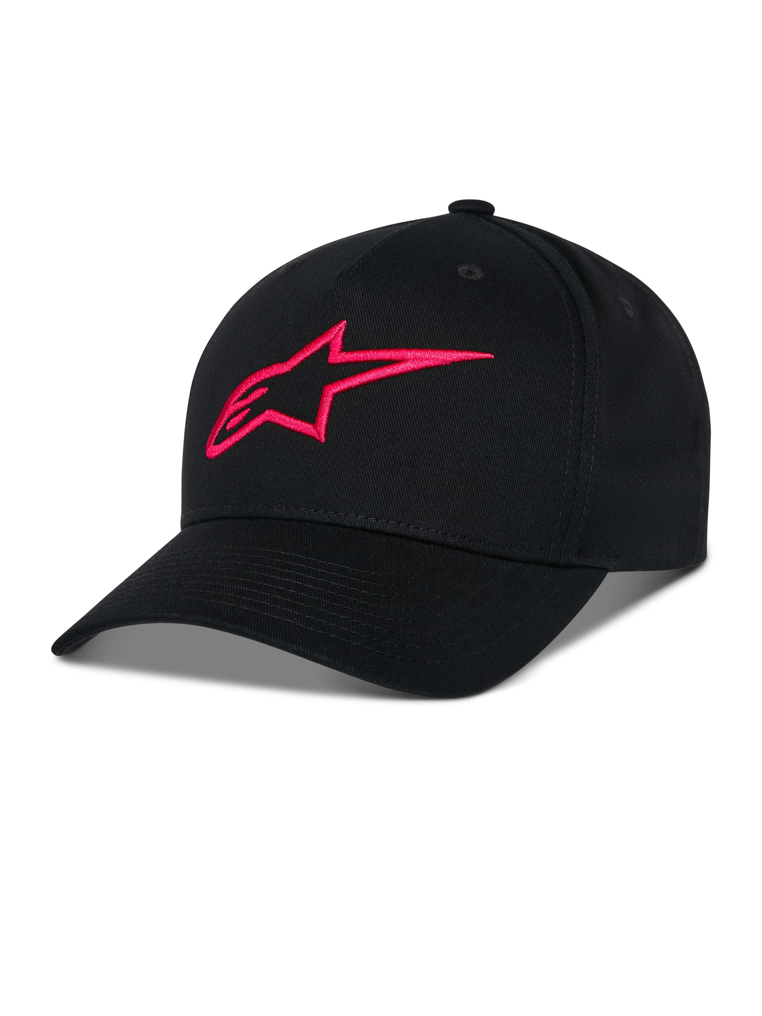 Alpinestars Ageless Snapback Hat, Black with Red 3D embroidered A-star logo, structured crown with curved bill, cotton twill fabric, casual sportswear accessory