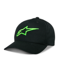 Alpinestars Ageless Snapback Hat, Black Baseball Cap with Neon Green Astar Logo, Curved Bill, Structured Crown, Casual Motorsport Lifestyle Headwear