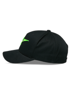 Alpinestars Ageless Snapback Hat, side profile view, black with bright green 3D embroidered logo, curved bill, structured crown, casual sportswear