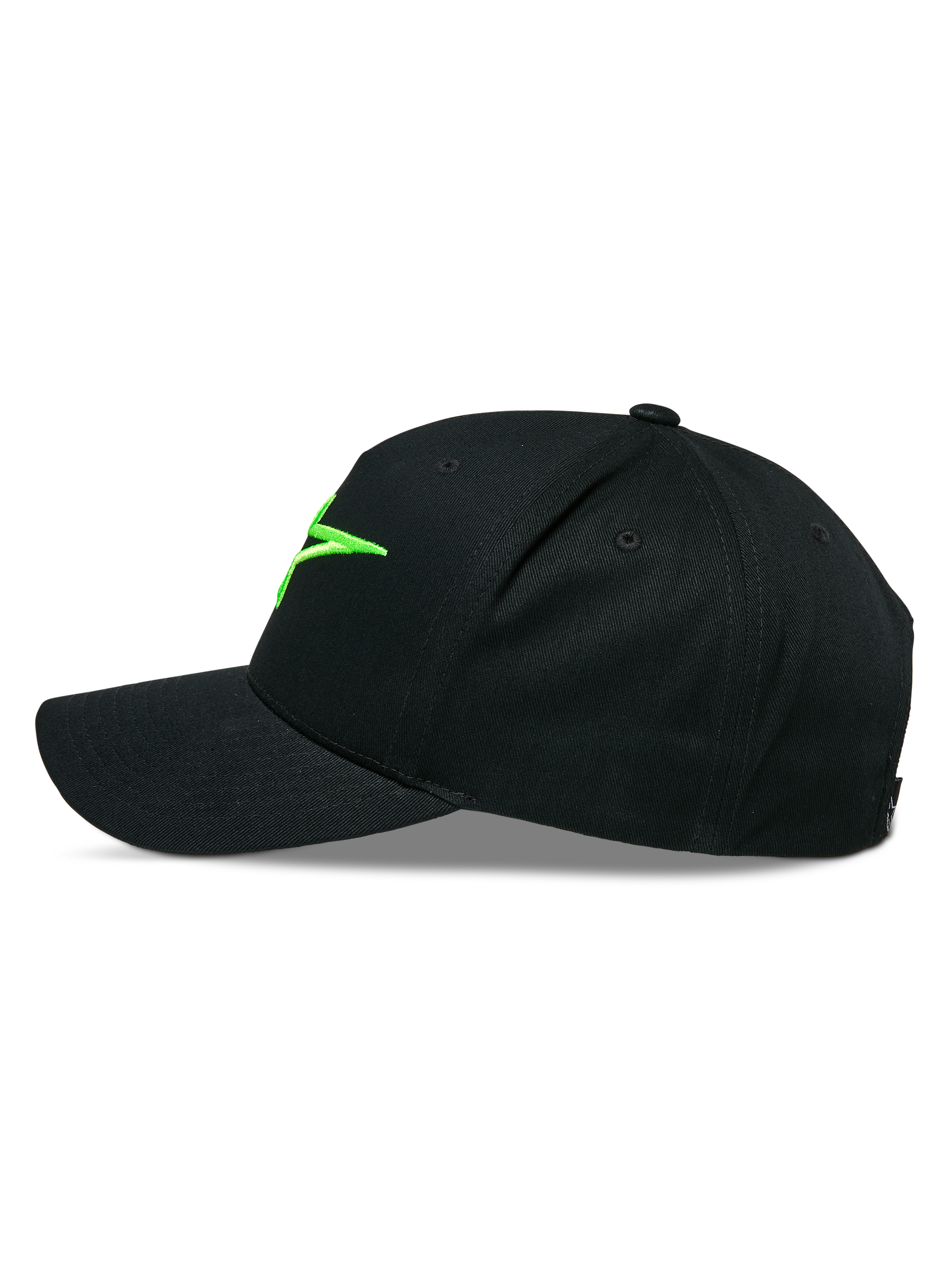 Alpinestars Ageless Snapback Hat, side profile view, black with bright green 3D embroidered logo, curved bill, structured crown, casual sportswear