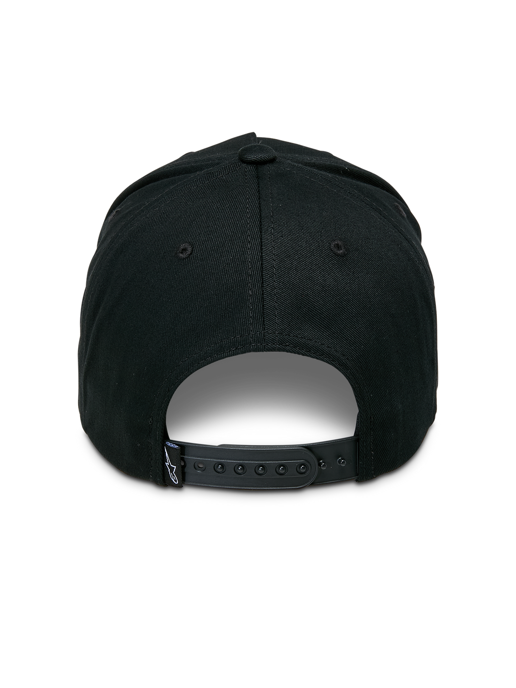 Alpinestars Ageless Snapback Hat, Back View, Black, Adjustable snapback closure, features small white Astars logo on tag, Cotton twill fabric, Casual motorsport-inspired headwear