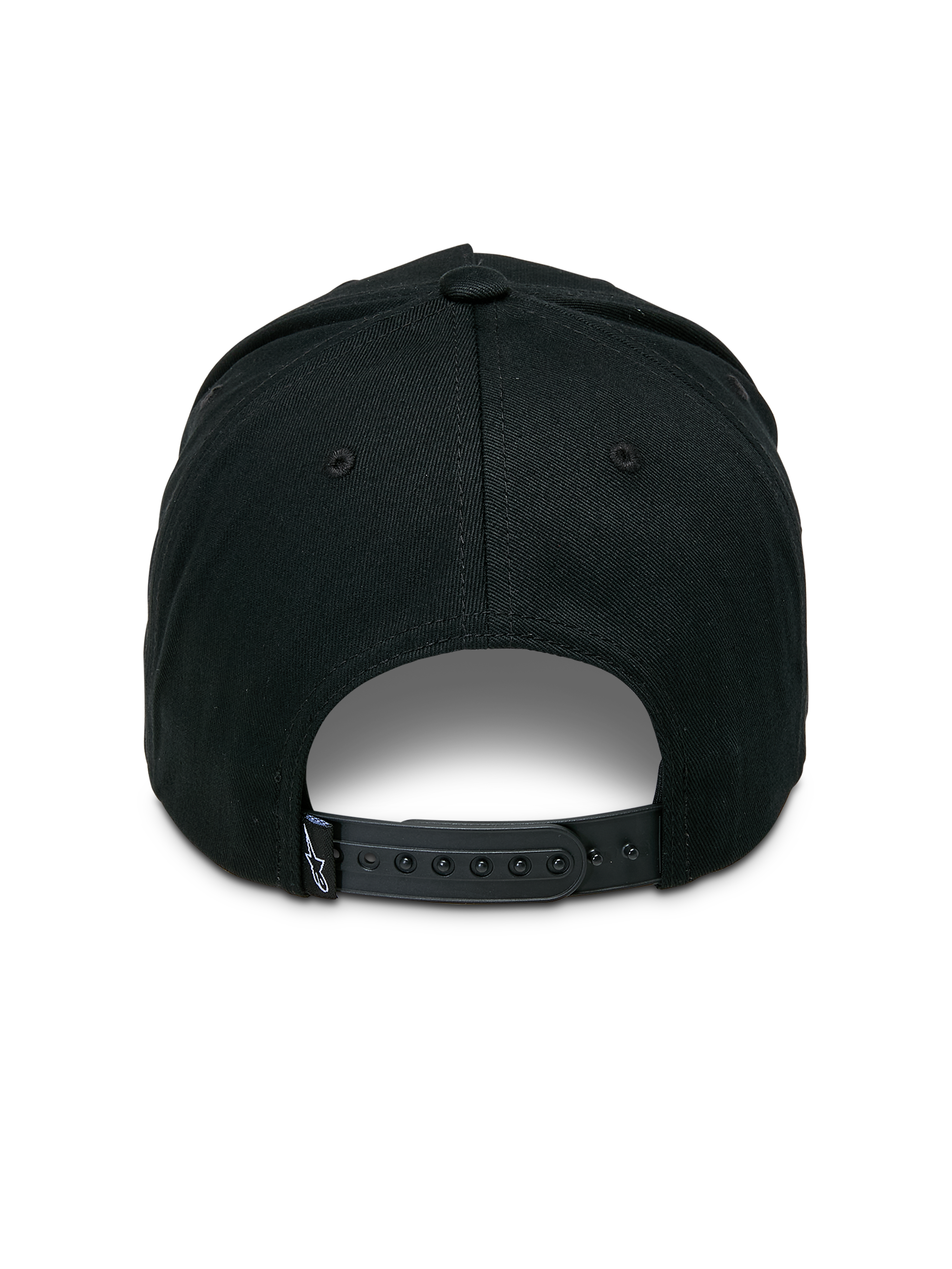 Alpinestars Ageless Snapback Hat, Back View, Black, Adjustable snapback closure, features small white Astars logo on tag, Cotton twill fabric, Casual motorsport-inspired headwear