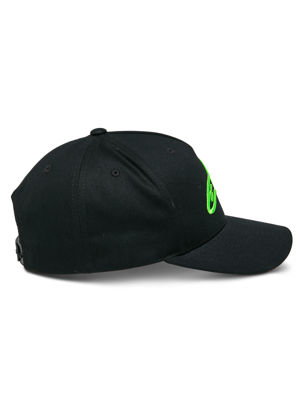 Alpinestars Ageless Snapback Hat, Black with Green 3D logo embroidery, side profile view showing curved bill and structured crown, casual headwear