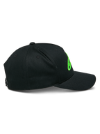 Alpinestars Ageless Snapback Hat, Black with Green 3D logo embroidery, side profile view showing curved bill and structured crown, casual headwear