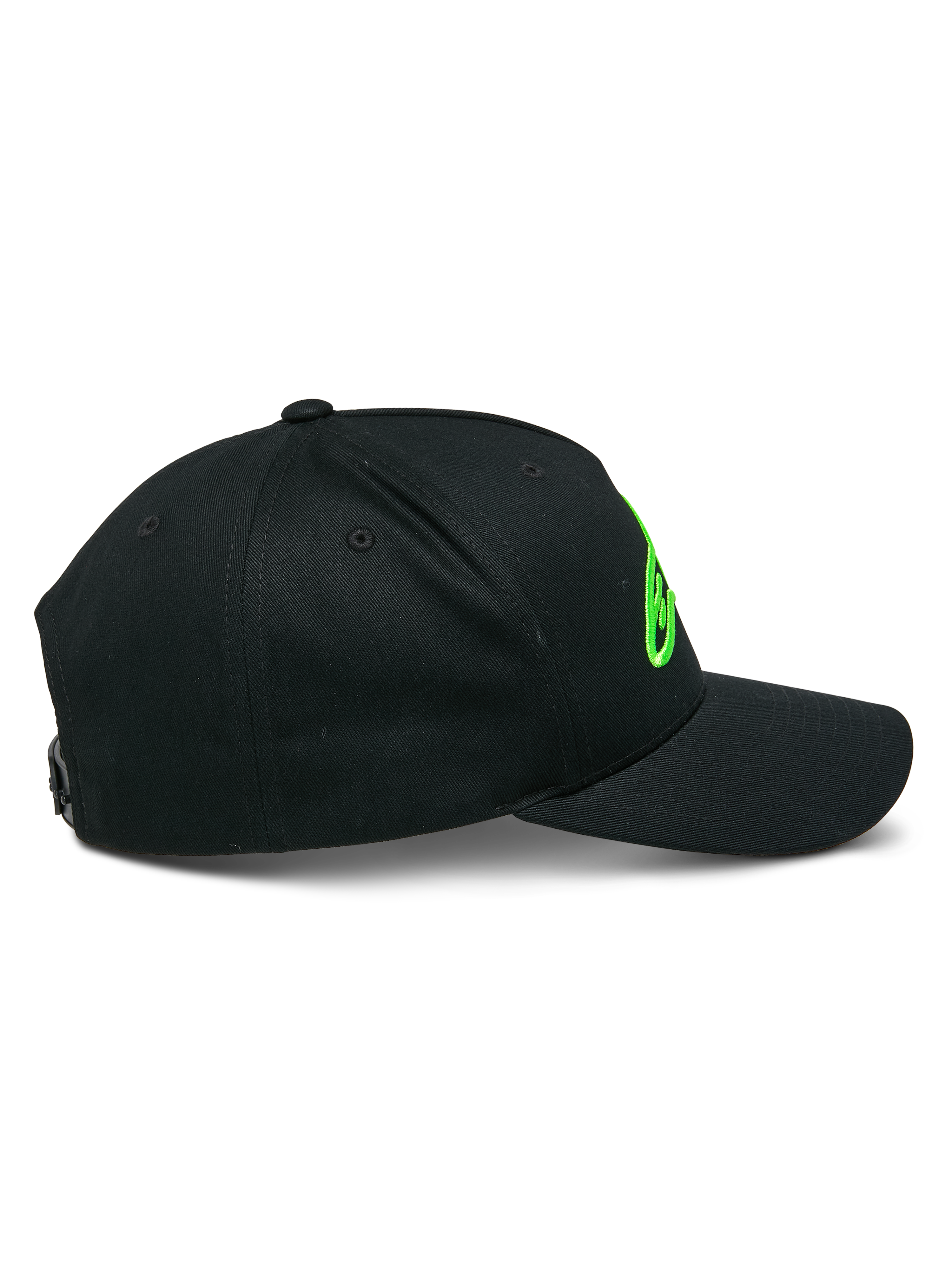 Alpinestars Ageless Snapback Hat, Black with Green 3D logo embroidery, side profile view showing curved bill and structured crown, casual headwear