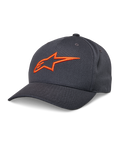 Alpinestars Ageless Snapback Hat, Dark Gray Baseball Cap, Orange Embroidered Star Logo, Structured Crown with Vent Holes, Curved Brim
