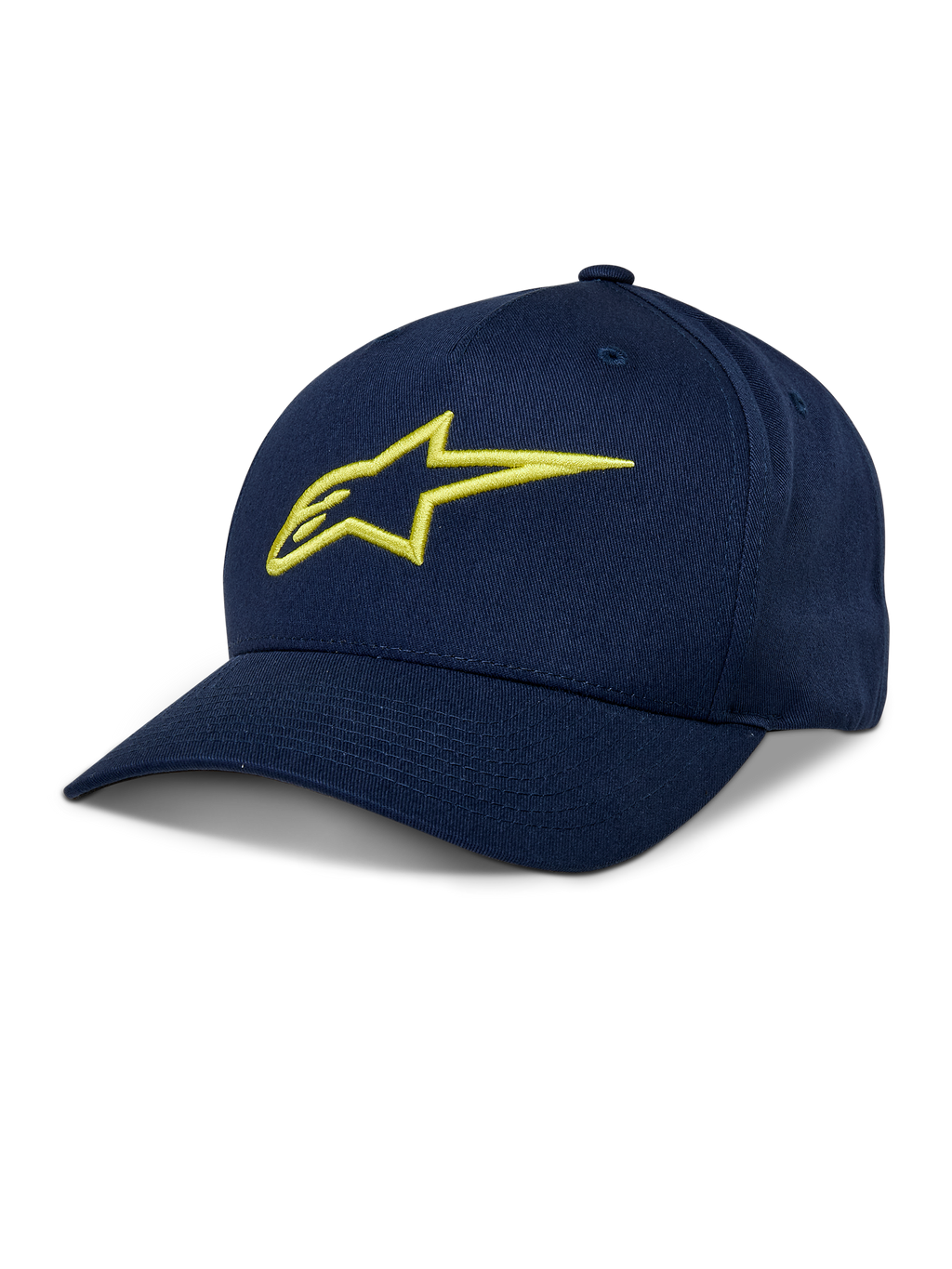 Alpinestars Ageless Snapback Hat, Navy Blue Baseball Cap with Hi-Vis Yellow 3D embroidered logo, curved brim, structured crown, casual sportswear headwear