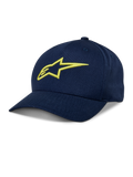 Alpinestars Ageless Snapback Hat, Navy Blue Baseball Cap with Hi-Vis Yellow 3D embroidered logo, curved brim, structured crown, casual sportswear headwear
