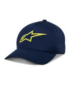 Alpinestars Ageless Snapback Hat, Navy Blue Baseball Cap with Hi-Vis Yellow 3D embroidered logo, curved brim, structured crown, casual sportswear headwear
