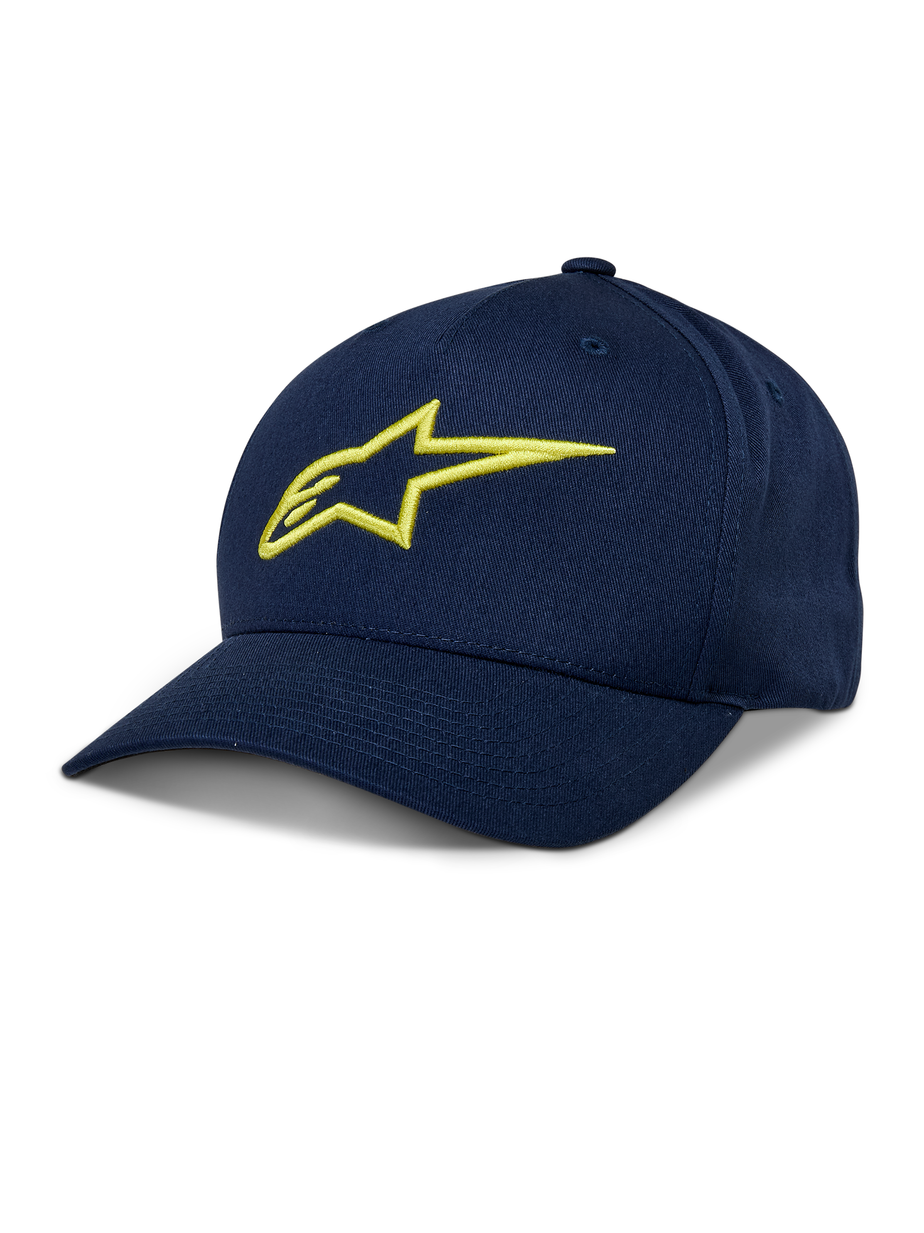 Alpinestars Ageless Snapback Hat, Navy Blue Baseball Cap with Hi-Vis Yellow 3D embroidered logo, curved brim, structured crown, casual sportswear headwear
