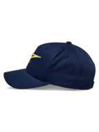 Alpinestars Ageless Snapback Hat, side profile, navy blue with hi-vis yellow embroidered logo, curved bill, structured crown, cotton twill construction, casual sportswear
