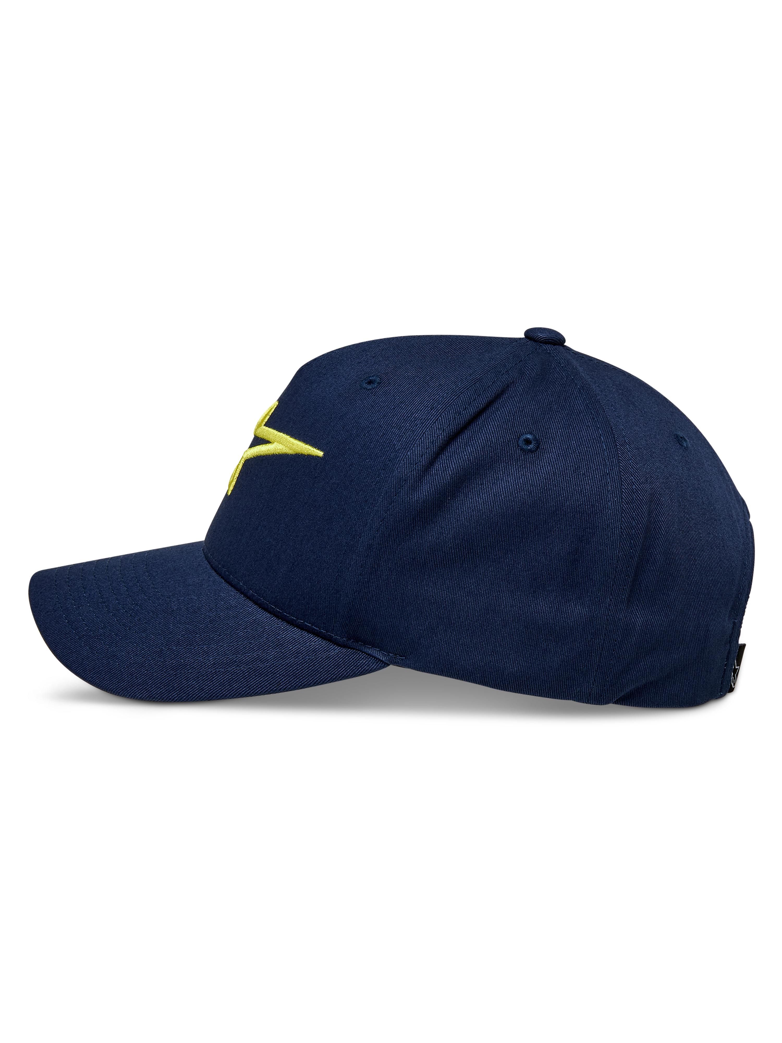 Alpinestars Ageless Snapback Hat, side profile, navy blue with hi-vis yellow embroidered logo, curved bill, structured crown, cotton twill construction, casual sportswear