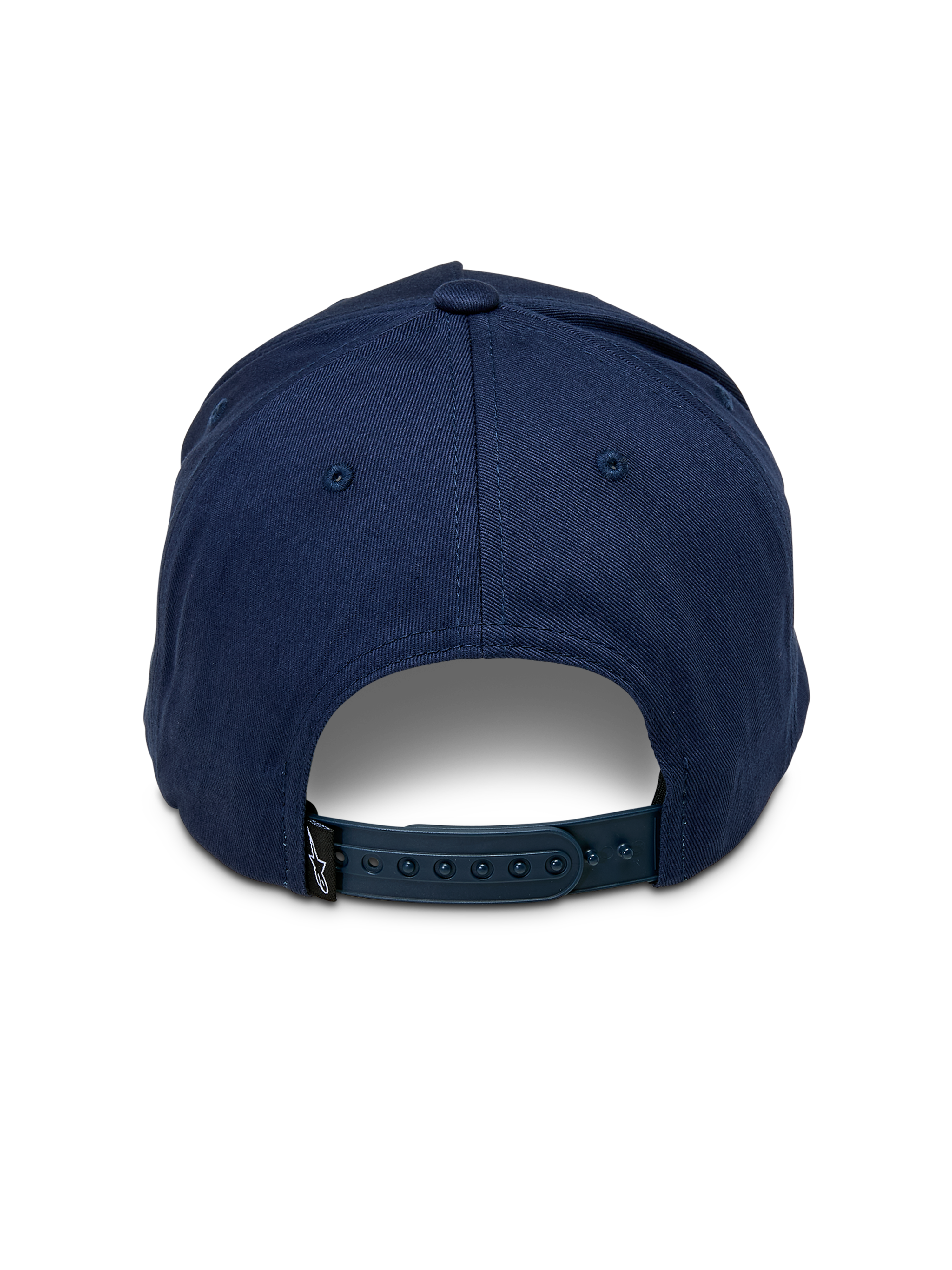 Alpinestars Ageless Snapback Hat, back view, Navy Blue, featuring an adjustable snap-back closure and a small black logo tag, casual sportswear