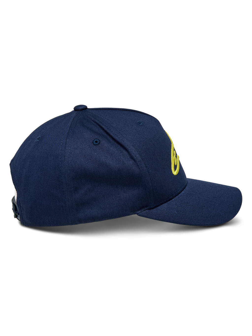 Alpinestars Ageless Snapback Hat, Navy Blue and Hi-Vis Yellow, side view showing curved bill and structured crown, front linear logo in yellow 3D embroidery, casual sportswear accessory with adjustable snapback closure