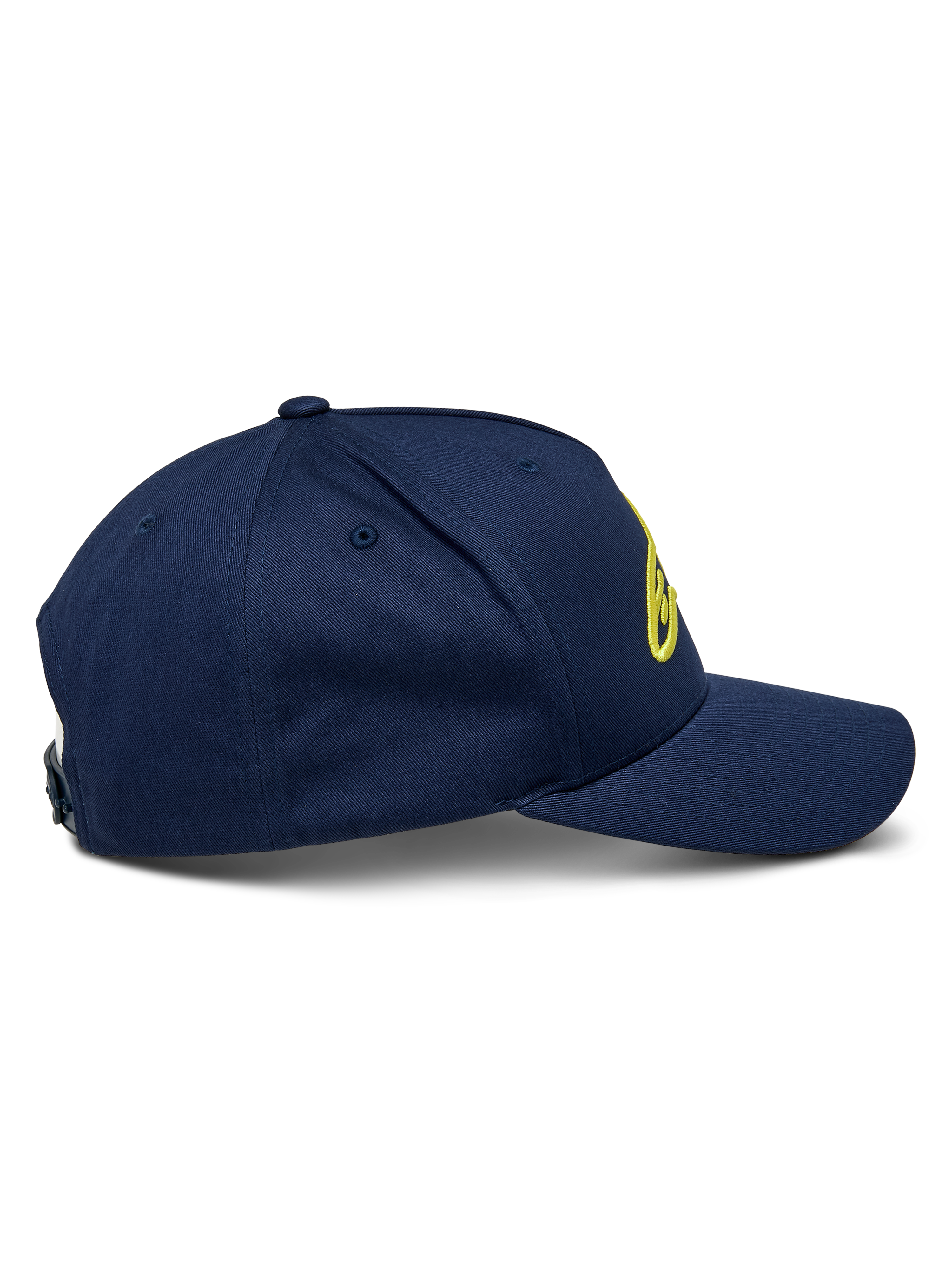 Alpinestars Ageless Snapback Hat, Navy Blue and Hi-Vis Yellow, side view showing curved bill and structured crown, front linear logo in yellow 3D embroidery, casual sportswear accessory with adjustable snapback closure