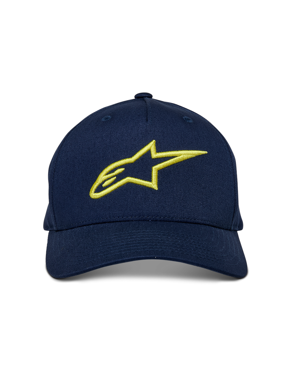 Alpinestars Ageless Snapback Hat, Navy Blue and Hi-Vis Yellow, front-facing view, curved bill with structured crown, large yellow 3D embroidered Astar logo, casual motorsport-inspired streetwear