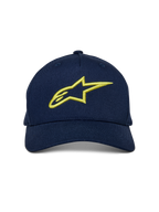 Alpinestars Ageless Snapback Hat, Navy Blue and Hi-Vis Yellow, front-facing view, curved bill with structured crown, large yellow 3D embroidered Astar logo, casual motorsport-inspired streetwear