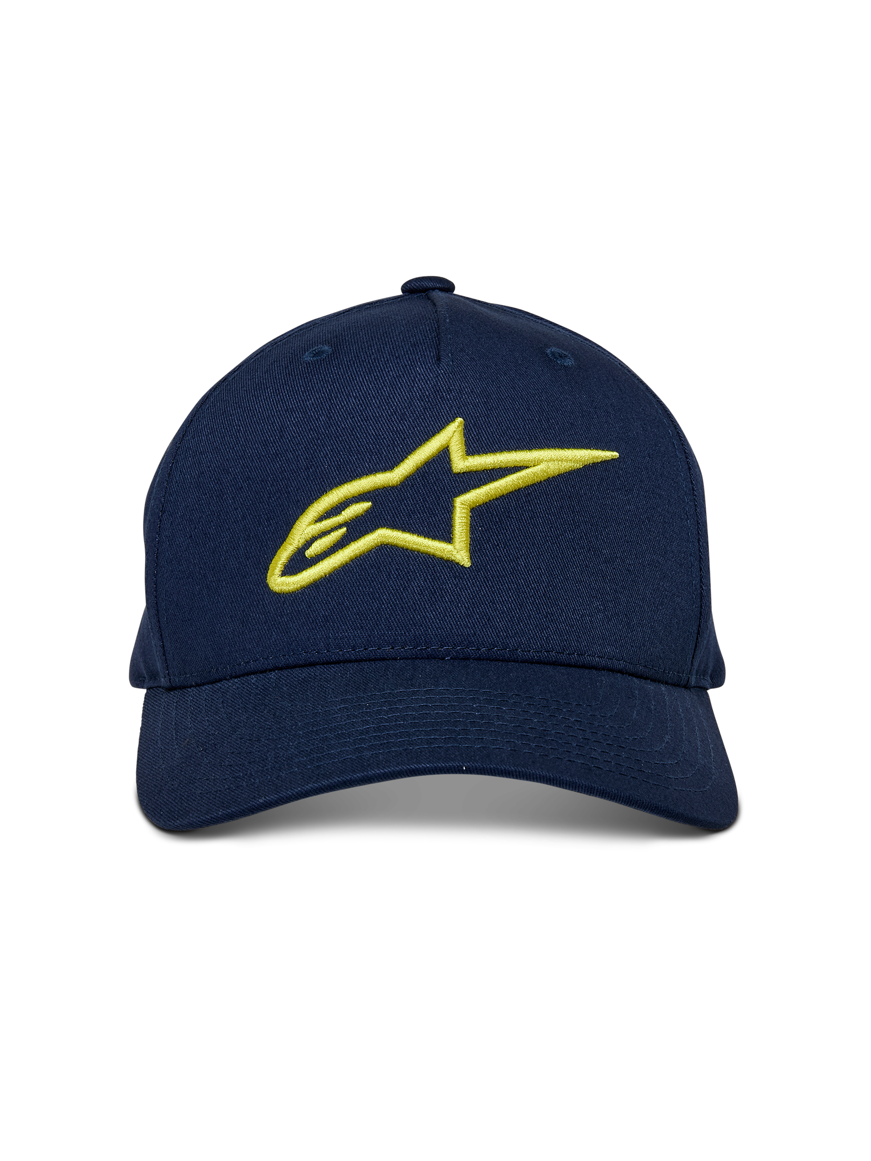 Alpinestars Ageless Snapback Hat, Navy Blue and Hi-Vis Yellow, front-facing view, curved bill with structured crown, large yellow 3D embroidered Astar logo, casual motorsport-inspired streetwear
