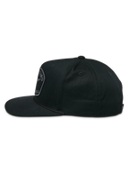 Alpinestars Promptus Snapback Hat, side view, black, flat bill with structured crown, featuring a braided rope detail and front embroidered logo patch, casual motorsport-inspired headwear