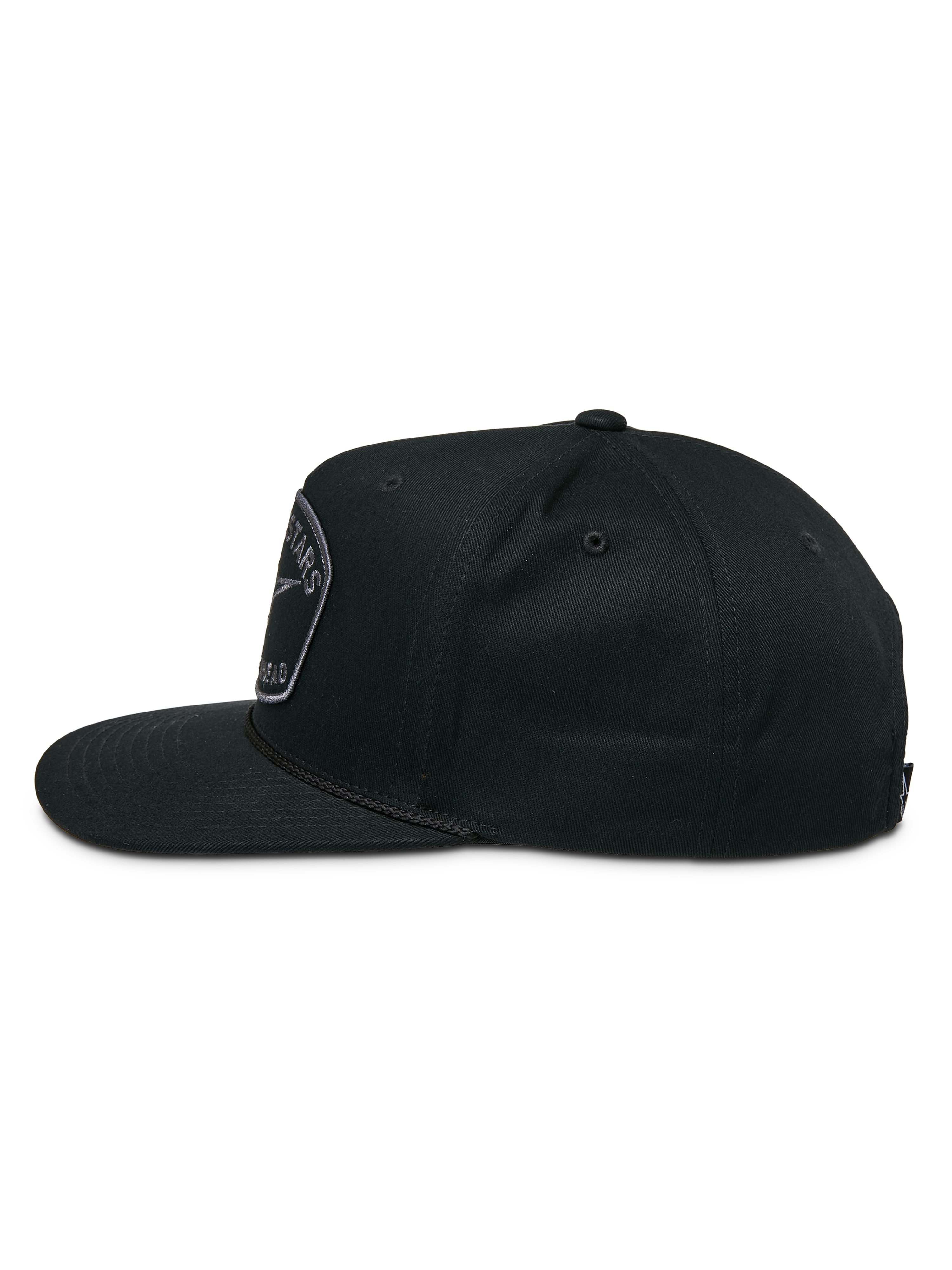 Alpinestars Promptus Snapback Hat, side view, black, flat bill with structured crown, featuring a braided rope detail and front embroidered logo patch, casual motorsport-inspired headwear