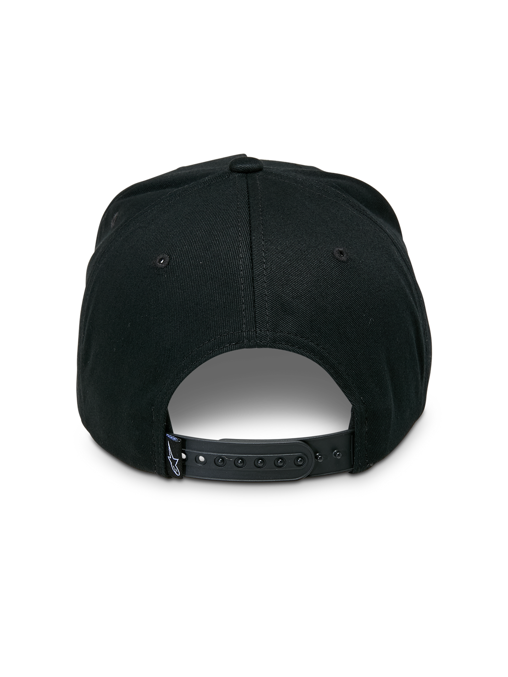 Alpinestars Promptus Snapback Hat, rear view, Black, adjustable plastic snapback closure, small woven Astars logo tag on strap, structured crown, casual motorsport-inspired streetwear