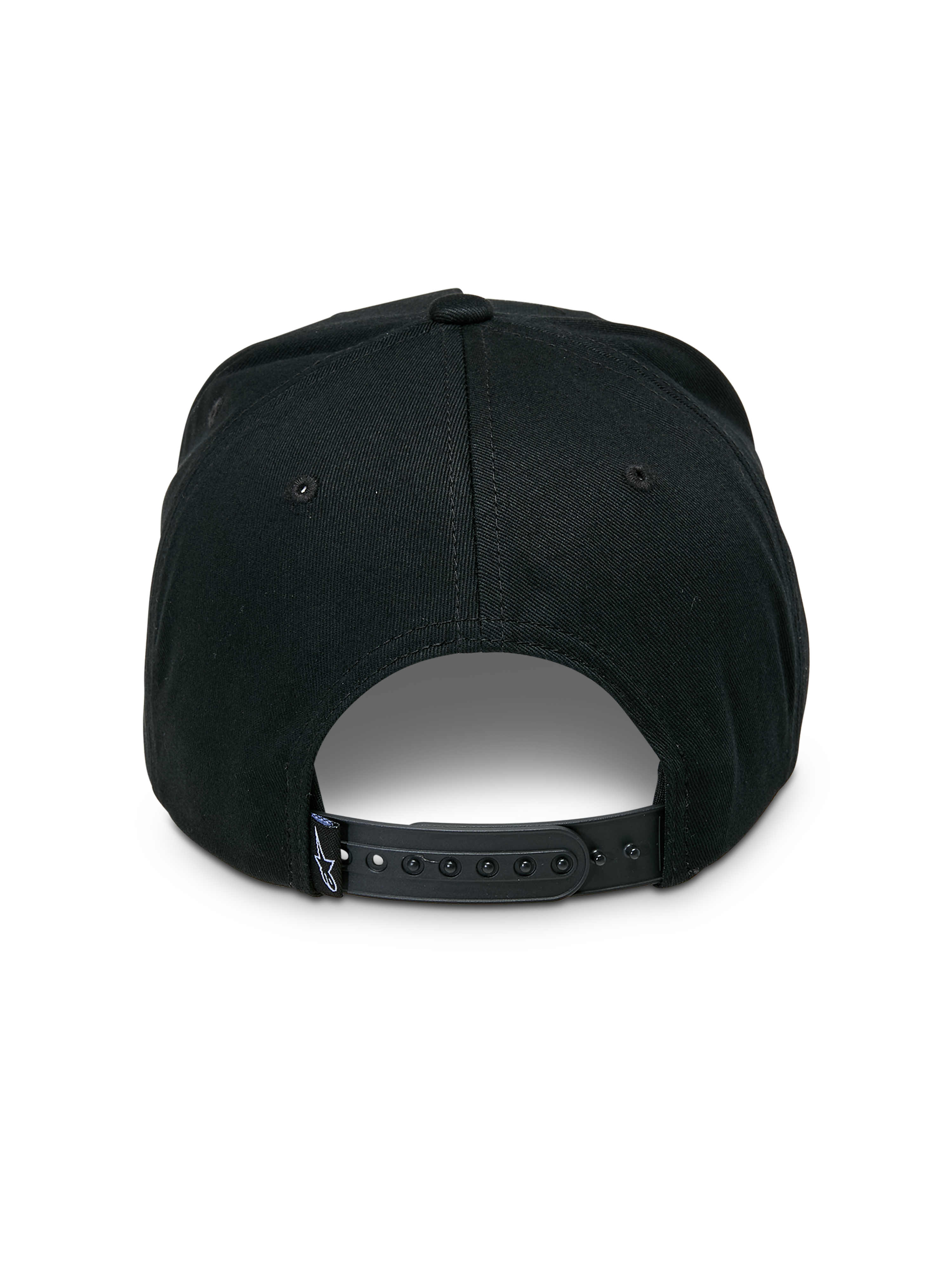 Alpinestars Promptus Snapback Hat, rear view, Black, adjustable plastic snapback closure, small woven Astars logo tag on strap, structured crown, casual motorsport-inspired streetwear
