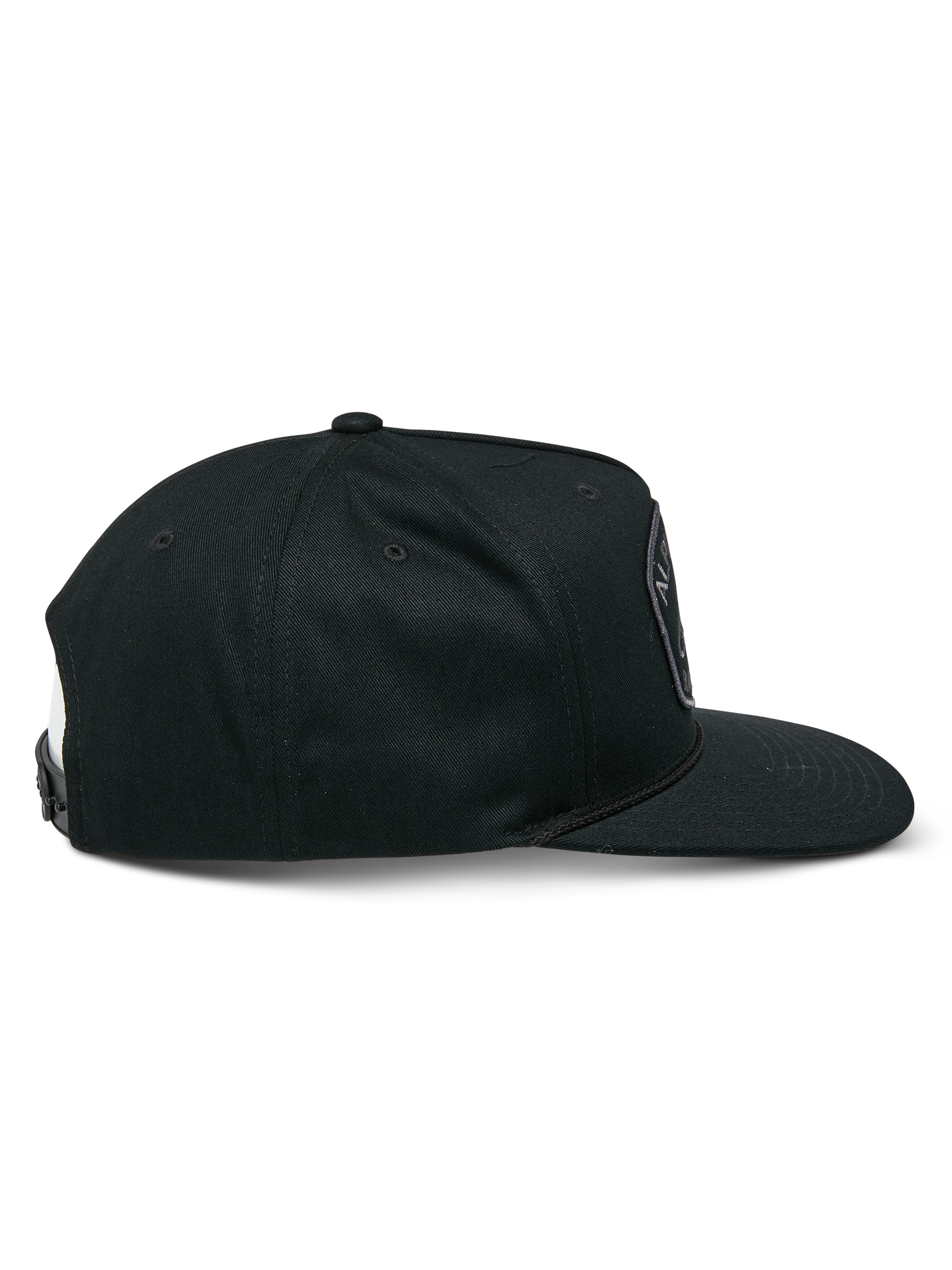 Alpinestars Promptus Snapback Hat, side view, black snapback cap, flat bill with structured crown, braided rope detail at the base, durable twill fabric, casual motorsport streetwear