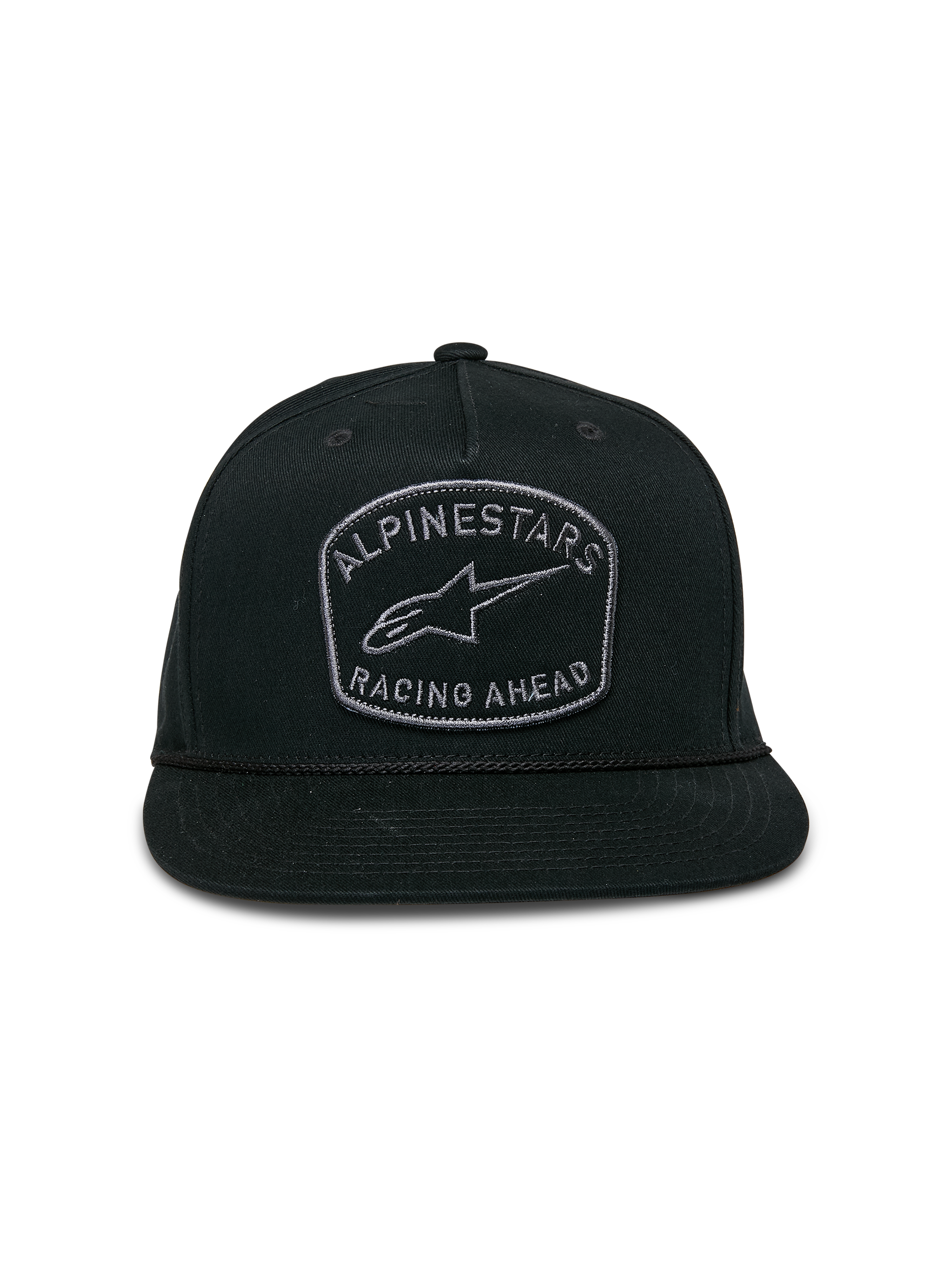 Alpinestars Promptus Snapback Hat, Black, flat bill with structured crown, featuring front embroidered patch with Alpinestars Racing Ahead and Astars logo, braided rope detail, casual motorsport streetwear