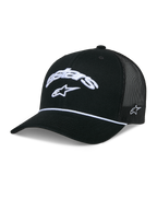 Alpinestars Agree Trucker Hat, Black, front white embroidered Astars curved logo, white braided rope detail at the visor seam, black mesh back, structured crown with curved bill