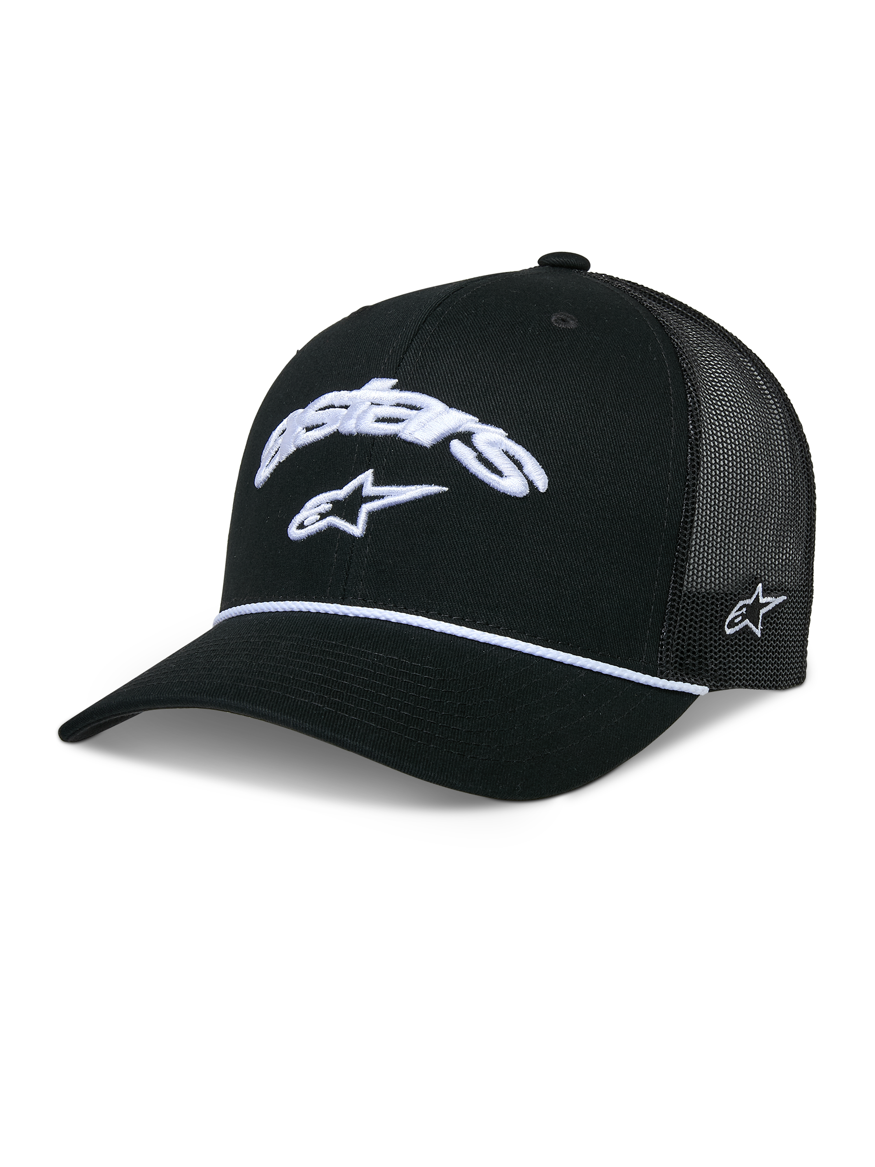 Alpinestars Agree Trucker Hat, Black, front white embroidered Astars curved logo, white braided rope detail at the visor seam, black mesh back, structured crown with curved bill