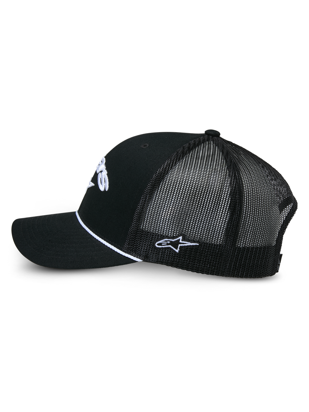 Alpinestars Agree Trucker Hat, Black trucker cap, side view showing black twill front and mesh back, white braided rope detail, white embroidered logos, casual motorsport-inspired headwear