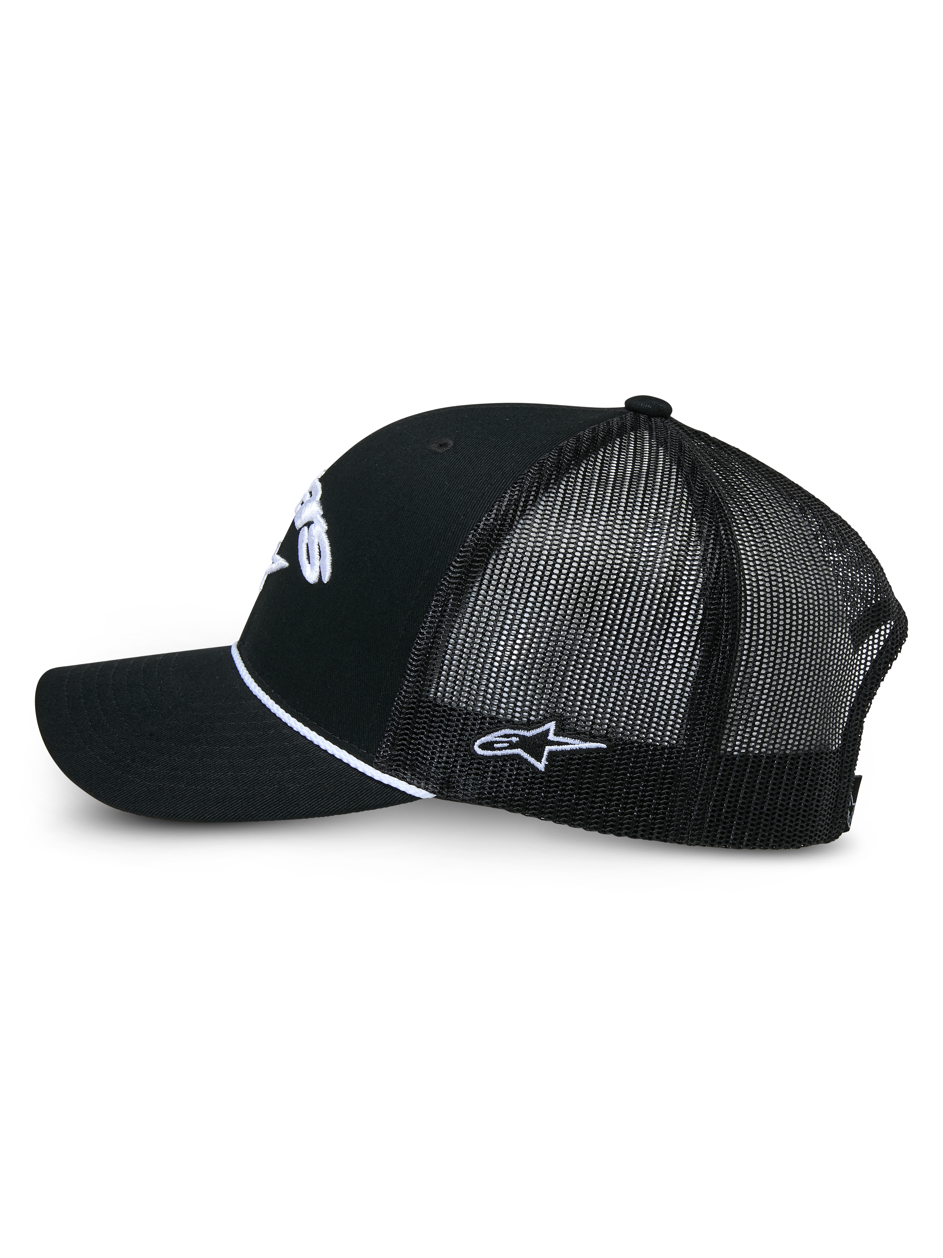 Alpinestars Agree Trucker Hat, Black trucker cap, side view showing black twill front and mesh back, white braided rope detail, white embroidered logos, casual motorsport-inspired headwear