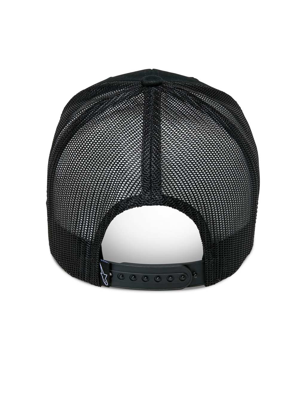 Alpinestars Agree Trucker Hat, Rear View, Black, breathable polyester mesh back with adjustable snapback closure and small white logo label, casual motorsport-inspired headwear