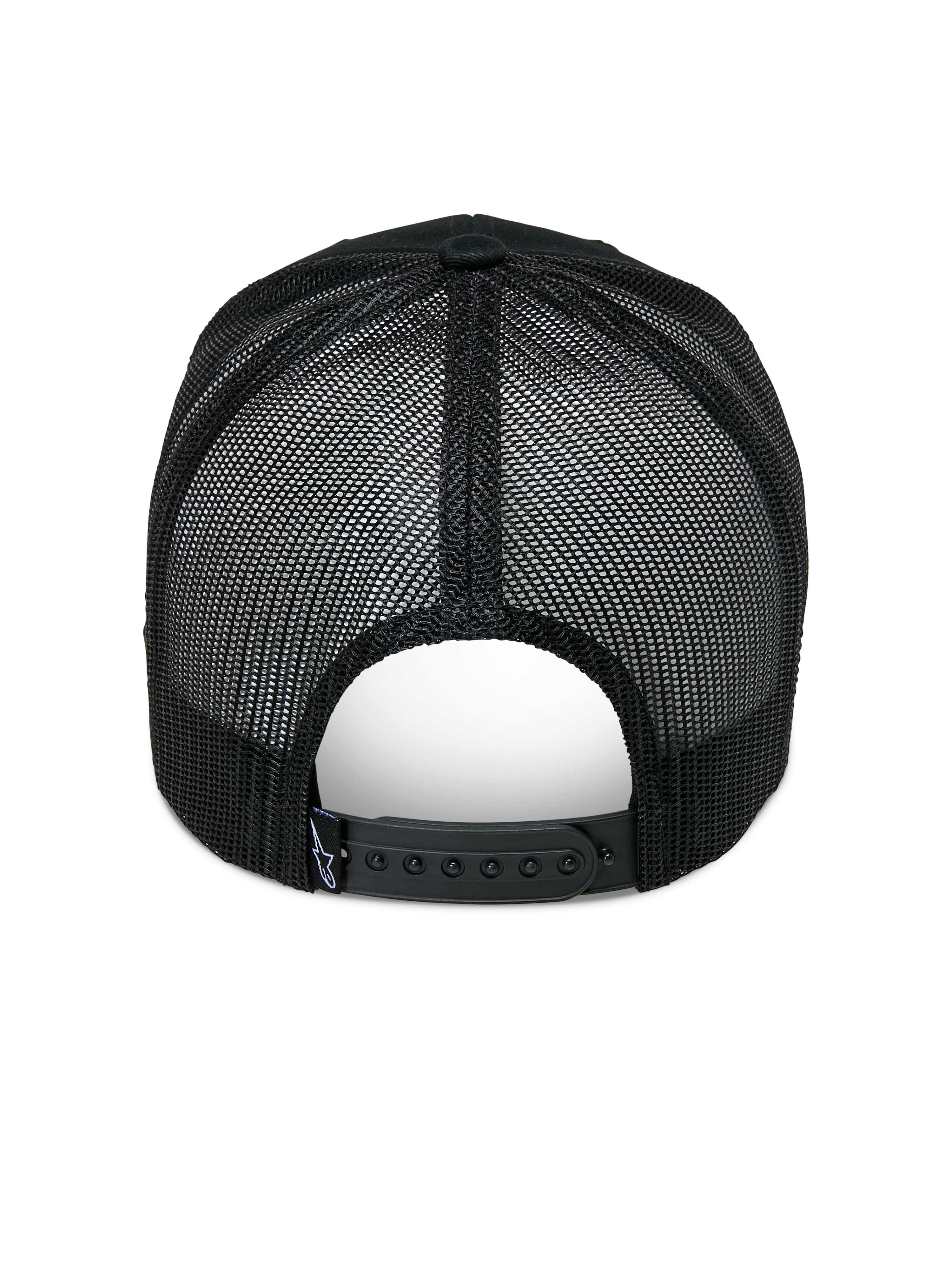 Alpinestars Agree Trucker Hat, Rear View, Black, breathable polyester mesh back with adjustable snapback closure and small white logo label, casual motorsport-inspired headwear
