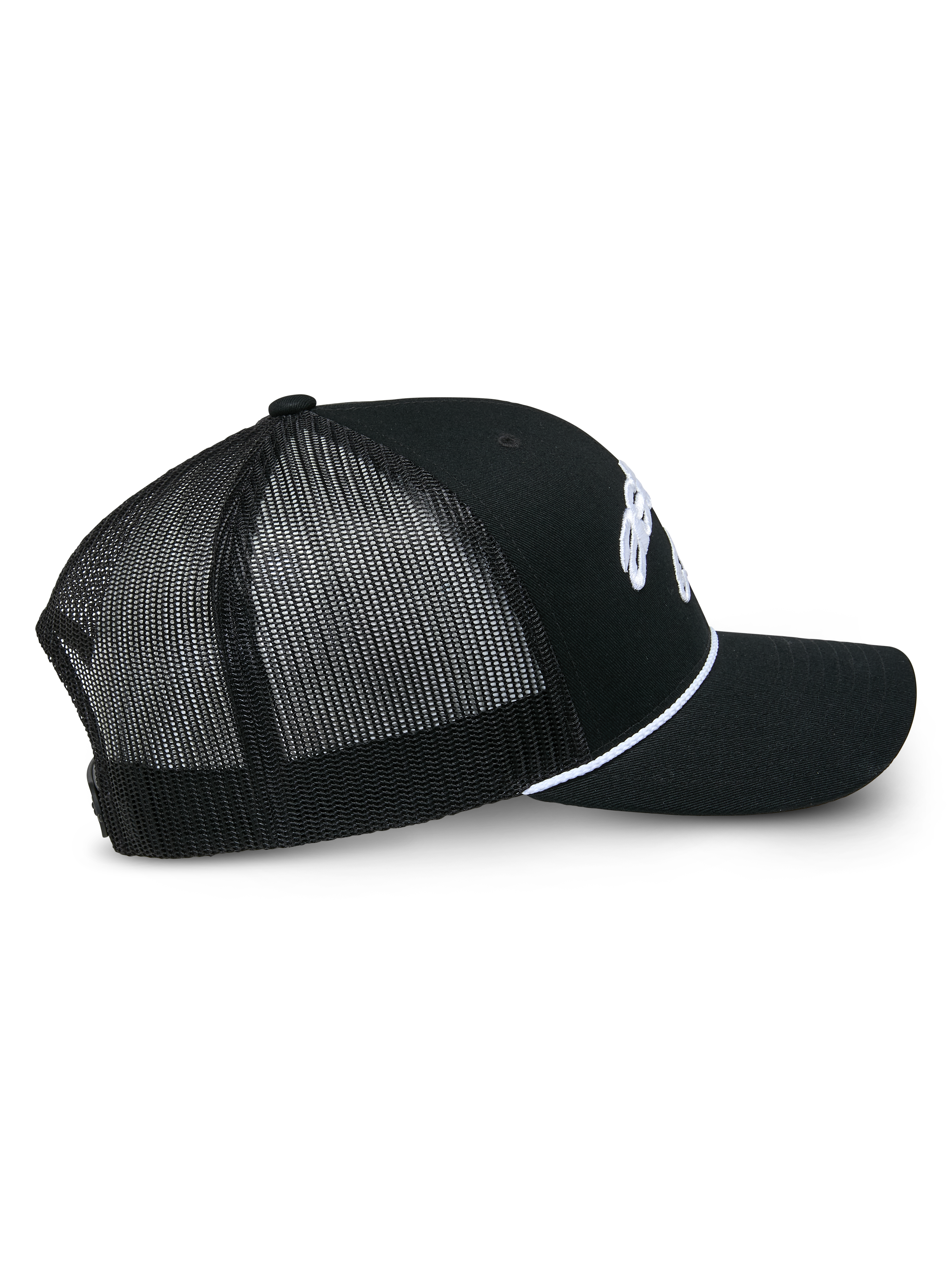 Alpinestars Agree Trucker Hat, Black, side profile view showing black mesh back and twill front panels, white braided rope accent, curved bill, casual motorsport streetwear
