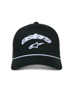 Alpinestars Agree Trucker Hat, Black, structured crown with curved bill, white embroidered Astars curved logo and star, white braided rope detail, breathable mesh back, casual motorsport-inspired headwear