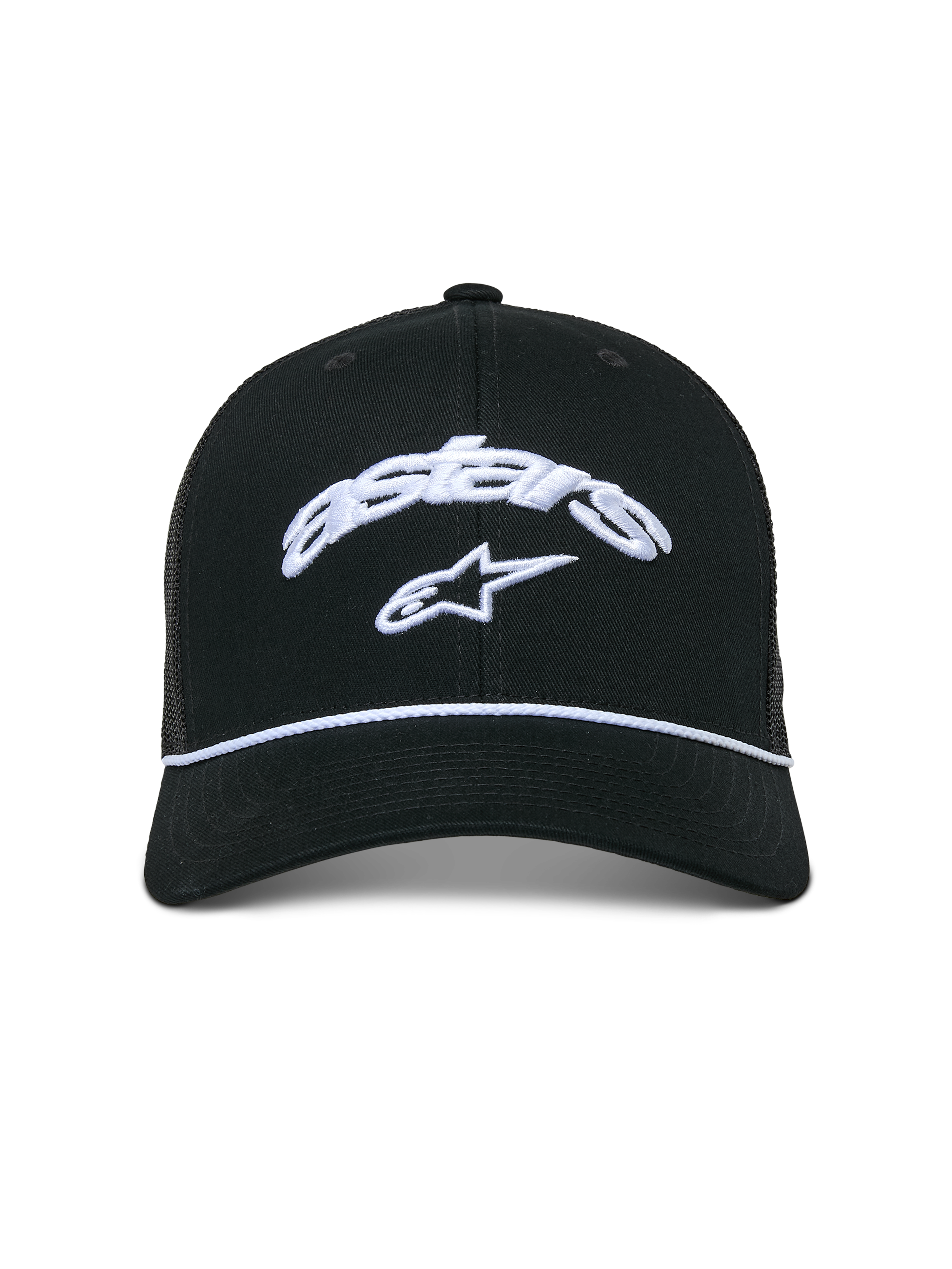 Alpinestars Agree Trucker Hat, Black, structured crown with curved bill, white embroidered Astars curved logo and star, white braided rope detail, breathable mesh back, casual motorsport-inspired headwear